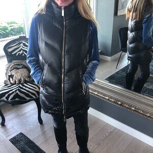 MICHAEL KORS Black Quilted Puffer Hoodie Vest Long Tunic Length high neck Gold S